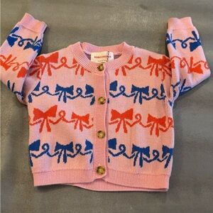 Bobo Choses Pink Knit Cardigan with Red & Blue Bow Pattern. Size 12 months